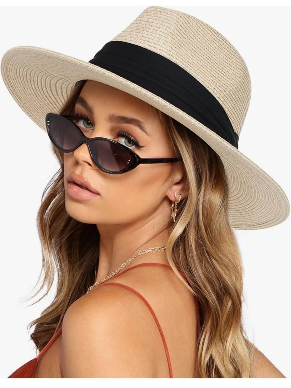 Wide Brim Woven Straw Sun Hat in Beige L/XL